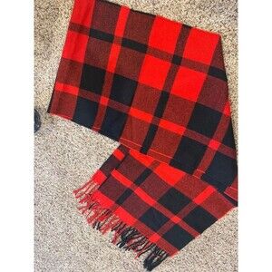 Red Black Buffalo Plaid Cashmere Blend Fringe Scarf 72"